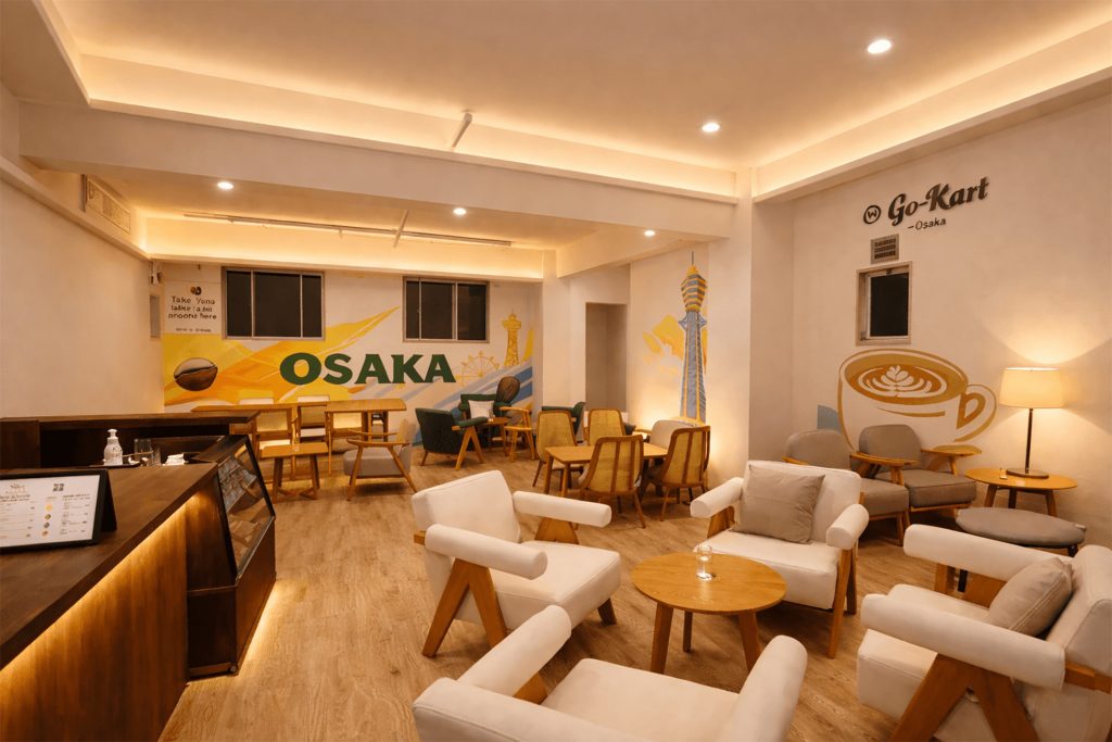 Go Karts Osaka for Small Groups: Booking 1 to 7 Guests W Go-Kart Osaka lounge where a small group can assemble before its scheduled tour